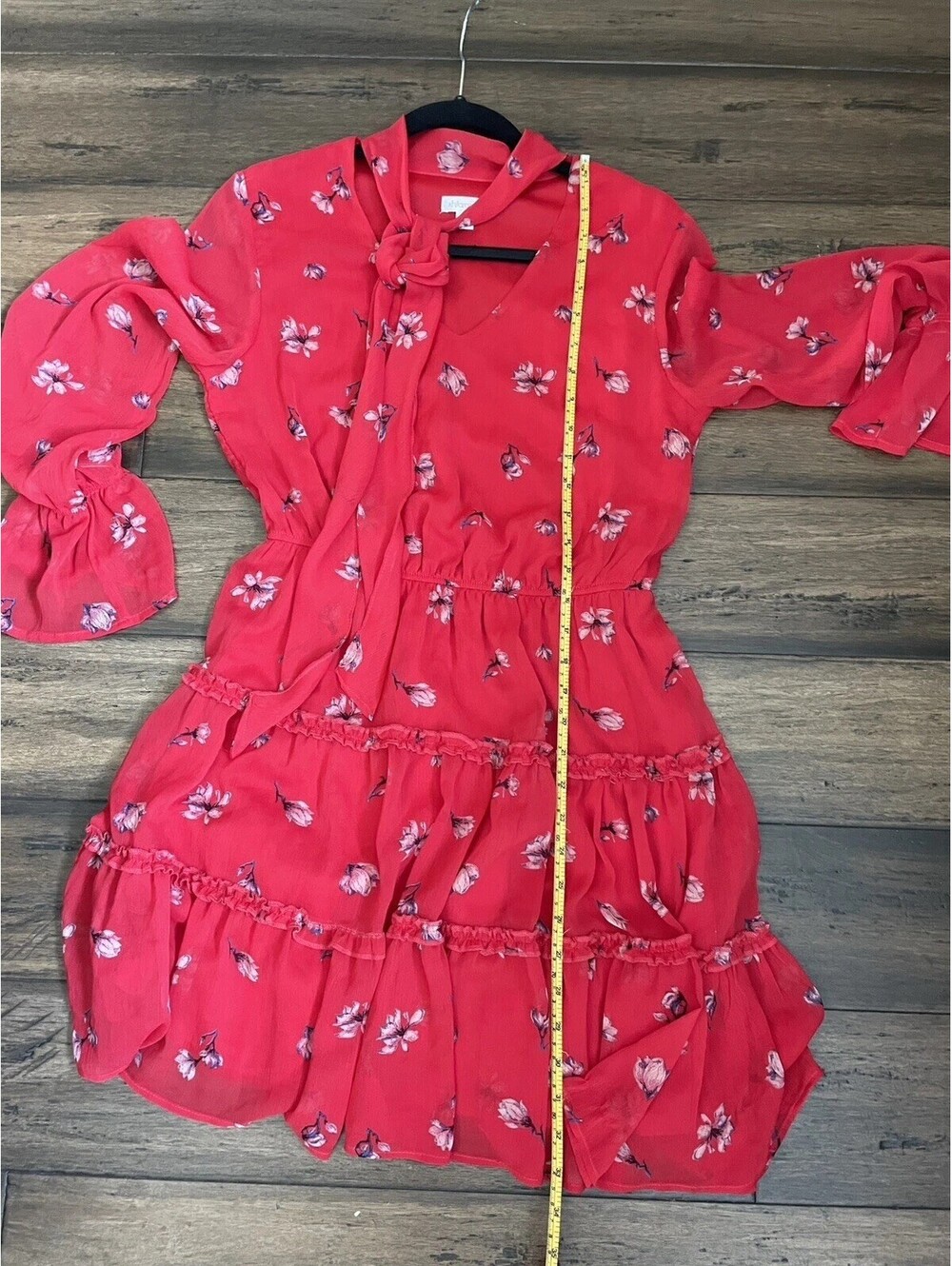 Xhilaration Red Floral Long Sleeve Flowy Tiered Dress boho Ruffle Tie Sz Small